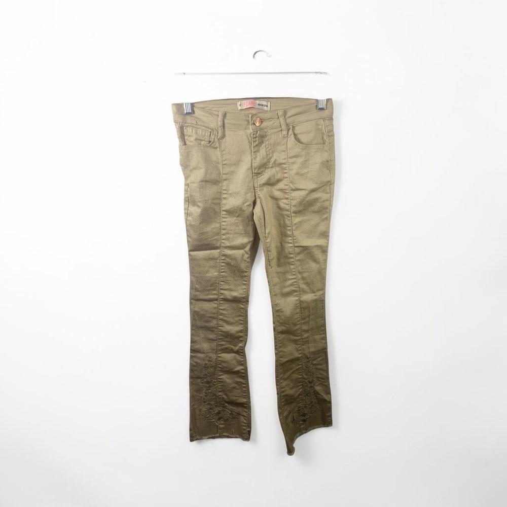 Denim Diva Girls Tan Khaki Flare Pants Embroidered Raw Hem Size 12